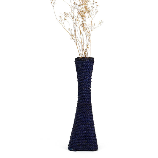 Large Floor Vase – Handmade Flower Holder Made of Bamboo and Bast, Sophisticated Funnel Vessel for Decorative Branches, 16 inches, Blue