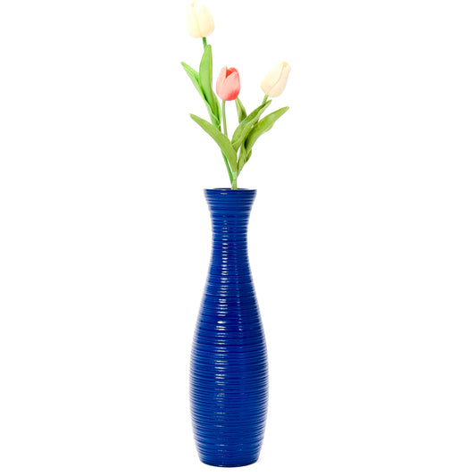 Blue Home Decor Floor Vase - Wooden Boho Vase For Pampas Grass, 14 inches Tall