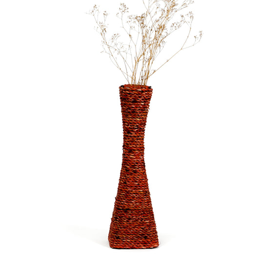 Large Floor Vase – Handmade Flower Holder Made of Bamboo and Bast, Sophisticated Funnel Vessel for Decorative Branches, 16 inches, Orange