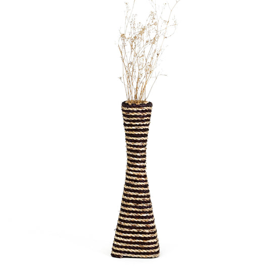 Large Floor Vase – Handmade Flower Holder Made of Bamboo and Bast, Sophisticated Funnel Vessel for Decorative Branches, 16 inches, Brown White