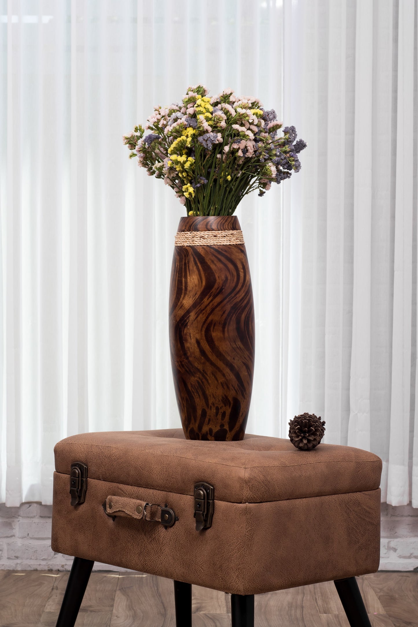 Brown Light Brown Home Decor Floor Vase - Wooden Boho Vase For Pampas Grass, 14 inches Tall