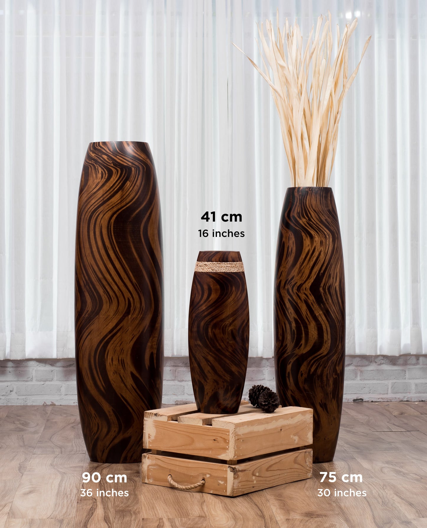 Brown Light Brown Home Decor Floor Vase - Wooden Boho Vase For Pampas Grass, 14 inches Tall